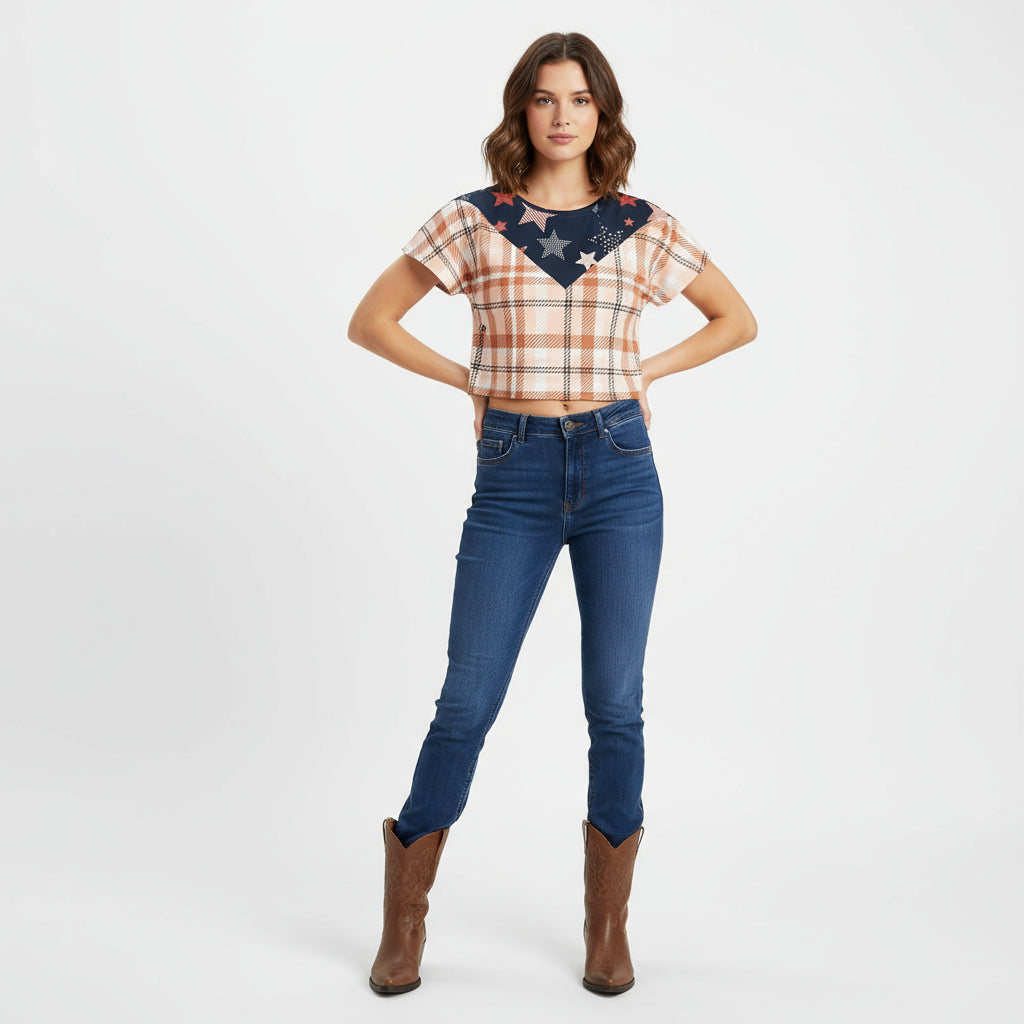 Star-Spangled Plaid Crop Top by Wild Bloomstitch 2XS-4XL UK Sizes