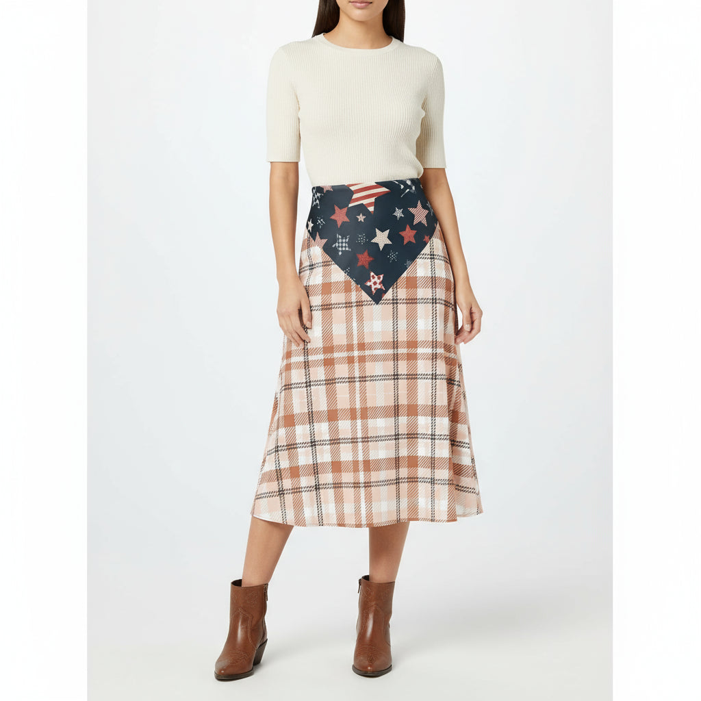 Star-Spangled Plaid Midi Skirt by Wild Bloomstitch 2XS-7XL UK Sizes