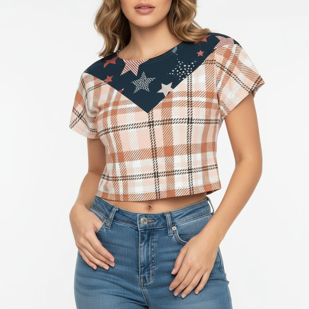 Star-Spangled Plaid Crop Top by Wild Bloomstitch 2XS-4XL UK Sizes