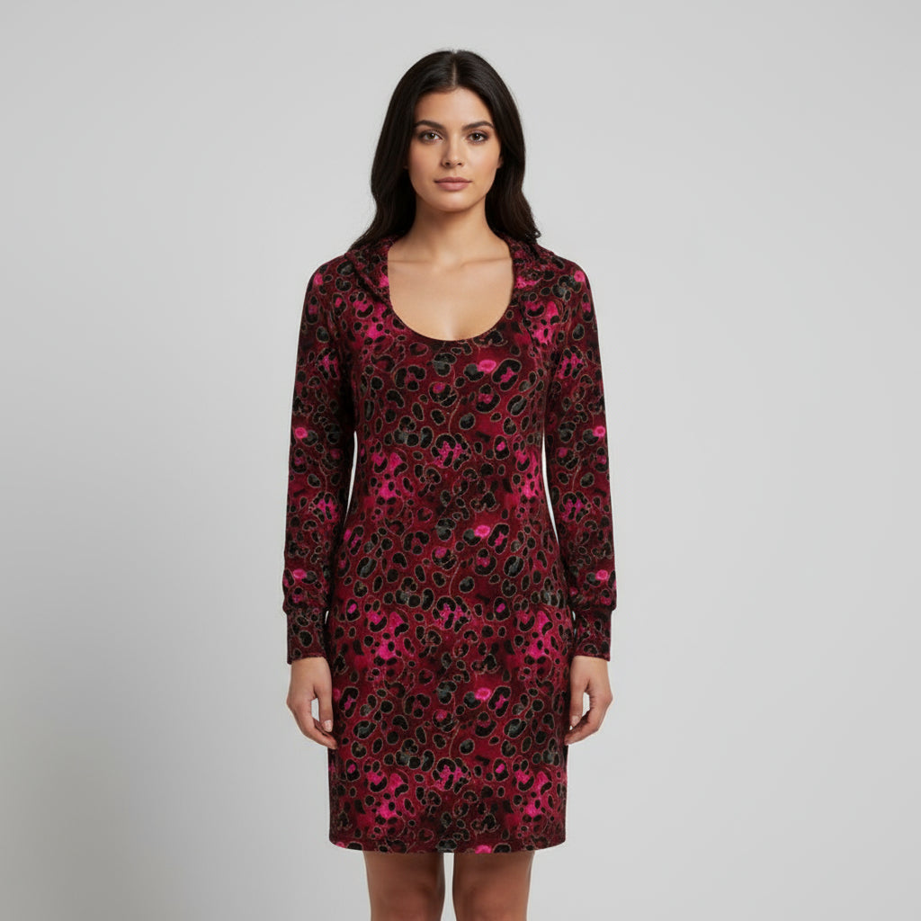 Wild Bloomstitch Crimson Prowl Leopard Print Hoodie Dress 2XS-2XL
