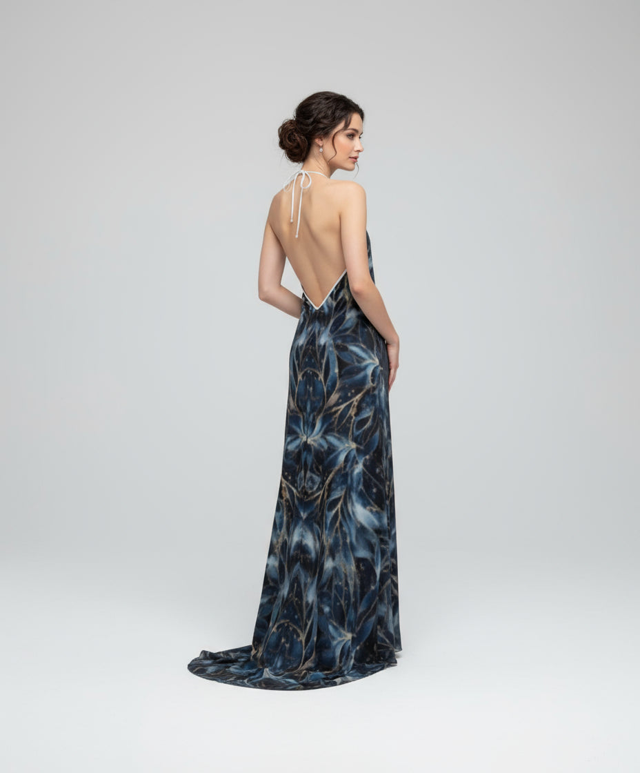 Celestial Bloom Halterneck Backless Dress by Wild Bloomstitch 2XS-2XL UK Sizes