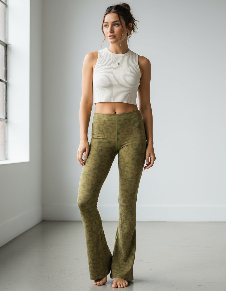 Verdant Vein High Waisted Flared Leggings by Wild Bloomstitch 2XS-2XL UK Sizes